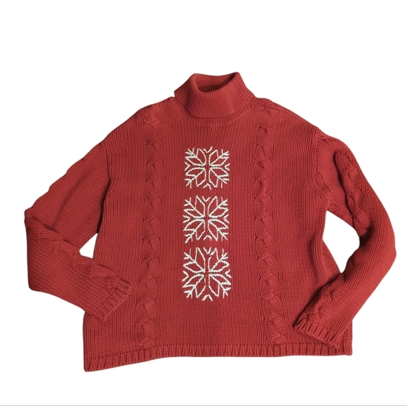Alps Vtg. Red Cowl Neck Sweater Snowflake Patterns cable knit warm cotton sz XL - Picture 8 of 9